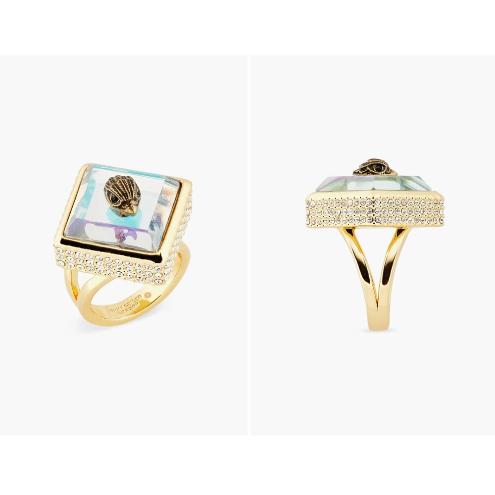 New Kurt Geiger Sz 8.5 Cocktail Square Gold Ring With Crystals And Eagle Head